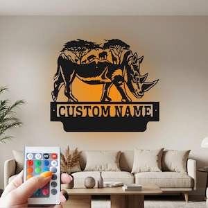 Safari Rhino Custom Sign Metal Wall Art Led Light, Rhino Name Custom Sign Decoration For Room, Rhino Home Decor, Rhino, Rhino Metal Decor