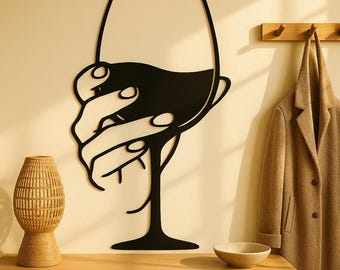 Minimalist Wine Glass Wall Art, Black Metal Sign, Bar Decor, Dining Room Ornament, Indoor Outdoor, Wine Lover Gift