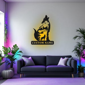 Custom Howling Wolf Metal Wall Art with LED Light