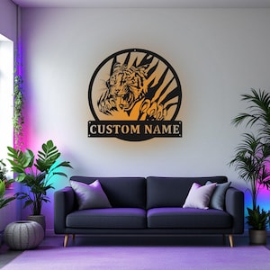 Custom Tiger Metal Wall Art with LED Light - Personalized Name Sign