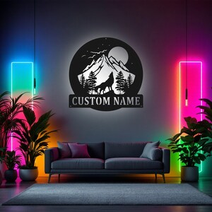 Custom Wolf Howling Metal Sign: Personalized LED Room Decor
