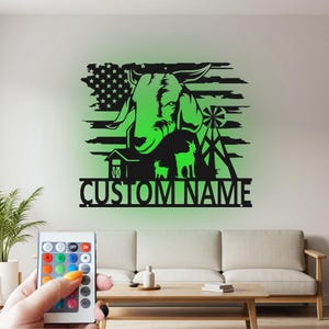Metalowa dekoracja ścienna z motywem farmy kóz: znak LED z flagą USA