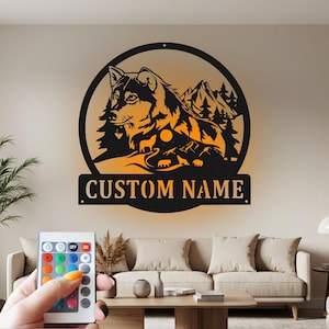 Custom Wolf Scene Metal Wall Art with LED Light