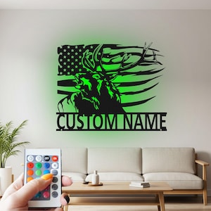 Custom Elk Deer Metal Wall Art with LED: Personalized Name Sign