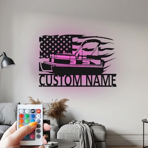 US Pontoon Boat Sign Metal Wall Art Led Light, Sign Pontoon Boat Name Sign Decoration For Room, Pontoon Boat Metal Led Decor