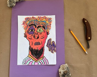 May include: A colorful drawing of a person with a red face, yellow hair, and a striped shirt. The person has one eye closed and an X drawn over the other eye. The drawing is on a white background.