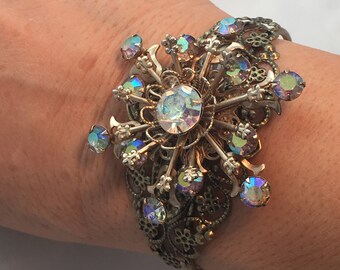 Vintage AB Rhinestone Brooch repurposed bracelet