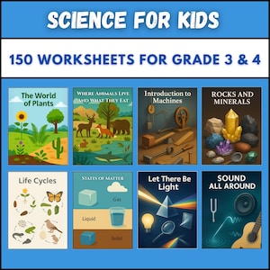 Peut inclure: Une série de fiches de sciences pour enfants, avec des sujets tels que les plantes, les animaux, les machines et les minéraux. L'image affiche le texte "SCIENCE FOR KIDS" et "150 WORKSHEETS FOR GRADE 3 & 4". Chaque couverture de fiche a une illustration colorée.