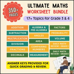 Könnte beinhalten: Farbenfrohe Lern-Grafik für die 3. und 4. Klasse mit dem Text "ULTIMATE MATHS WORKSHEET BUNDLE" mit über 350 Seiten. Themen sind Addition, Subtraktion, Algebra und mehr. Lösungen sind enthalten.