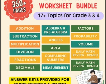 3rd-4th Grade Math Worksheets : Addition, Fractions, Geometry, Multiplication (350 Printable Worksheets - Curriculum Aligned Activities)