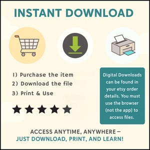 May include: A graphic with a shopping cart, a download arrow, and a printer icon. The text "INSTANT DOWNLOAD" is at the top of the graphic. The text "1) Purchase the item 2) Download the file 3) Print & Use" is below the icons. There are five black stars below the text. The text "Digital Downloads can be found in your etsy order details. You must use the browser (not the app) to access files." is in a teal box on the right side of the graphic. The text "ACCESS ANYTIME, ANYWHERE - JUST DOWNLOAD, PRINT, AND LEARN!" is at the bottom of the graphic.