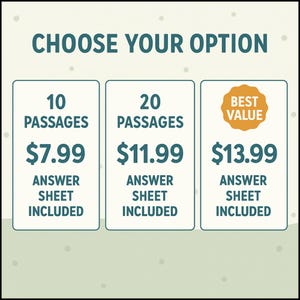 May include: Three pricing options for reading passages, with answer sheets included. The first option is for 10 passages for $7.99, the second is for 20 passages for $11.99, and the third is for an unspecified number of passages for $13.99, labeled "Best Value".