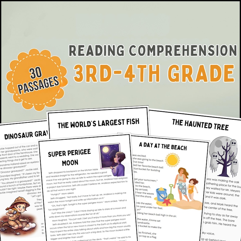 May include: A colorful set of printable reading comprehension passages for 3rd and 4th grade students. The passages feature a variety of topics, including dinosaurs, the world's largest fish, a day at the beach, and a haunted tree.
