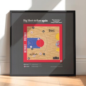 Op de afbeelding: Een ingelijste print met een basketbalveld-diagram getiteld Big Shot strikes again. De afbeelding toont spelersposities, het logo van de Detroit Pistons en tekst waaronder "Horry from three..." en "Unbelievable!" op een donkergrijze achtergrond.