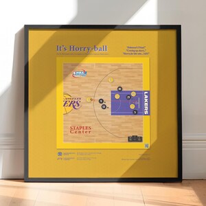 Op de afbeelding: Een ingelijste print met een basketbalvelddiagram getiteld It's Horry-ball, met het spel van de Los Angeles Lakers in het Staples Center. De afbeelding bevat spelersposities, het NBA Playoffs-logo en commentaartekst in het geel en paars.