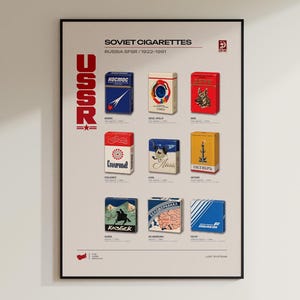 Może przedstawiać: Oprawiony plakat zatytułowany SOVIET CIGARETTES RUSSIA SFSR 1922-1991 przedstawiający siatkę dziewięciu ilustracji opakowań papierosów vintage. Każde opakowanie prezentuje unikalny branding, kolory i cyrylicę, ułożone w trzech rzędach na jasnym tle.