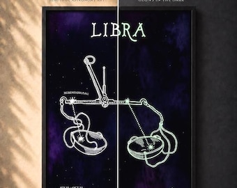Libra Glow in the Dark Constellation Poster | Zodiac Wall Art | Astrology Gift | Celestial Star Sign Print | Nursery Decor | Star Map