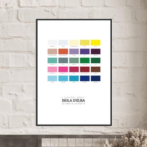 Póster con paleta de colores de la isla de Elba / Impresión de arte minimalista / Decoración de pared mediterránea vibrante / Impresión de viaje a Italia