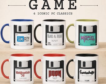 Retro Floppy Disk Gaming Mug | DOOM, SimCity, Monkey Island, Lemmings, Wolfenstein & Alone in the Dark | Vintage PC Gamer Gift | Diskette