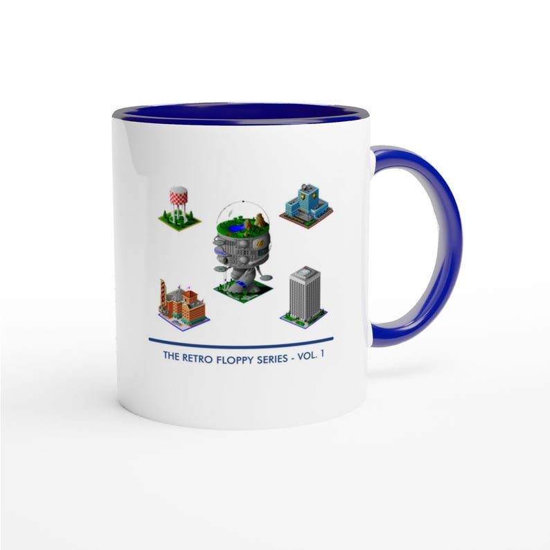 May include: White ceramic mug with a blue interior and handle. The mug features a design of retro-style buildings and the text "THE RETRO FLOPPY SERIES - VOL. 1". The mug is a standard 11 oz size.