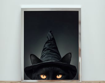 Black Cat Artwork, Halloween Cat Poster, Witchy Black Cat, Halloween Cat, Black Cat, Digital Download, Witch Cat Art, Black Cat Printable,