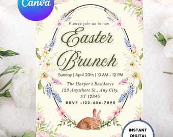 Floral Easter Brunch Invitation, Bunny Egg Hunt Party Template (Digital Download)