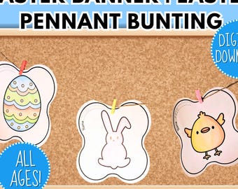 Easter Banner Spring Kit, Bunny Printable Pennant Bunting, Bulletin Board Classroom Decor, April Door Decoration, Coloring Craft