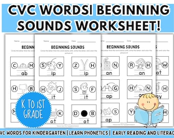 Beginning Sounds Phonics Worksheets CVC Circle and Match Activity Kindergarten Write Starting Letter Practice for Preschool & Kindergarten