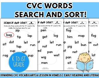 CVC Word Worksheets, Printable Cvc Word Family Phonics, Learn to Read Vowel Kindergarten, First Grade Early Literacy for Kids