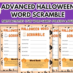 Może przedstawiać: Gra w wyszukiwanie słów o tematyce Halloween z fioletowym banerem z napisem "ADVANCED HALLOWEEN WORD SCRAMBLE". Gra zawiera łamigłówki słowne, bank słów i grafikę ducha. Zajęcia imprezowe dla dzieci i dorosłych.