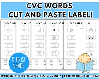 CVC Word Cut and Paste Label Worksheet, Printable Cvc Word Family Phonics, Learn to Read Vowel Kindergarten, First Grade Early Literacy Kids