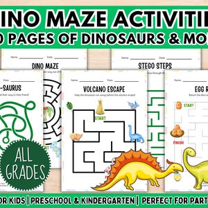 May include: A collection of dinosaur-themed maze activity pages. The pages feature mazes with illustrations of dinosaurs, volcanoes, and eggs. Text includes "Dino Maze Activities" and "Mazes for Kids | Preschool & Kindergarten".