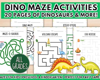 Dinosaur Maze Activity Book: 20 Printable Mazes for Kids Preschool Dinosaur Activity Sheets PDF Pages Digital Download