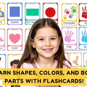 Puede incluir: Una colección de tarjetas educativas que muestran formas, colores y partes del cuerpo, cada una con su ilustración y etiqueta correspondiente. Las tarjetas presentan diversas formas geométricas, huellas de manos y diagramas anatómicos.