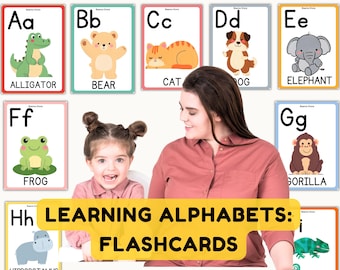 Alphabet Animal Flash Cards, Montessori Learn ABC, Uppercase Lowercase Letters, Preschool Classroom Rainbow Decor Digital Download