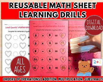 Reusable Dry Erase Math Mat Worksheet, Heart Theme Sheet, Valentine's Day Activity (Digital Download)