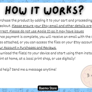 May include: A blue and white graphic with the text "HOW IT WORKS?" and numbered steps explaining the purchase and download process. The steps include adding to cart, checking out, and accessing files via Etsy.