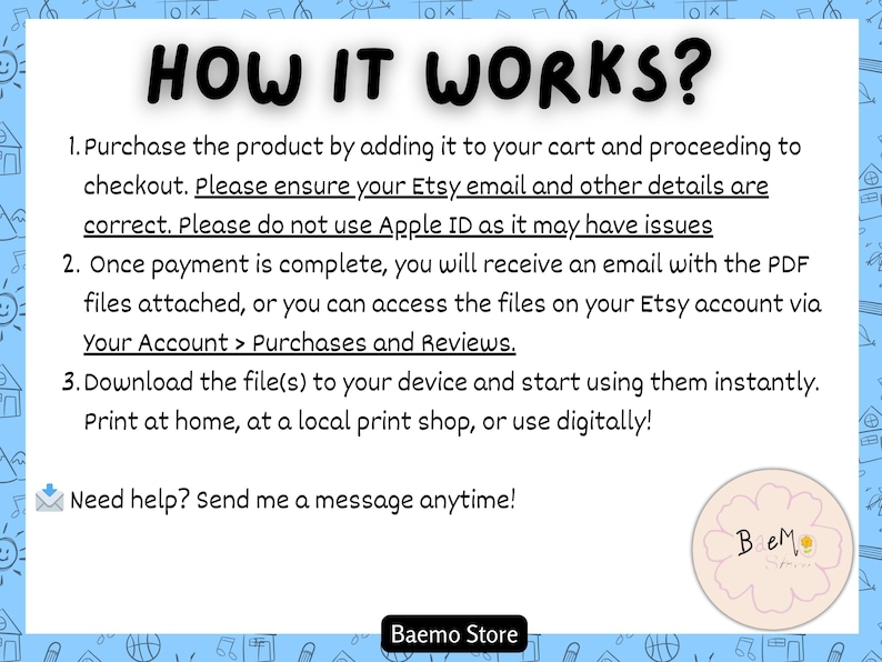 May include: A blue and white graphic with the text "HOW IT WORKS?" and numbered steps explaining the purchase and download process. The steps include adding to cart, checking out, and accessing files via Etsy.