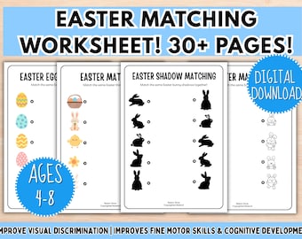 Easter Printable Matching Worksheets, Match the Picture Game, Kindergarten Preschool Activity, Busybook, Educational Pages Puzzle
