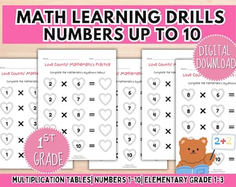 Multiplication Worksheets 1 - 10, Core Math Drills, Printable Times Table, Montessori Beginning Math, Third, Fourth, Fifth Grade