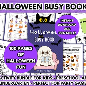 Pode incluir: Um livro de atividades de Halloween com várias páginas, incluindo labirintos, contagem e listas de vocabulário. A capa apresenta um fantasma lendo um livro, com o texto "100 Pages of Halloween Fun" e "Instant Download and Printable!"