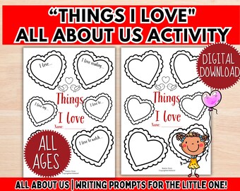 All About Me, Things I Love Printable, Valentine's Day Writing Activity, Drawing Prompt (Digital Download)