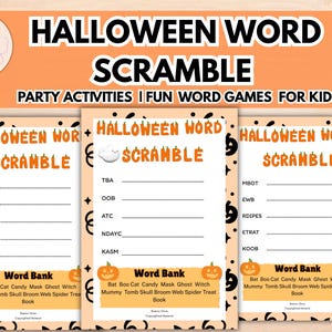 May include: Halloween-themed word scramble game sheets. Each sheet features a title, a ghost graphic, and a word bank with Halloween-related words. The background is orange and cream.