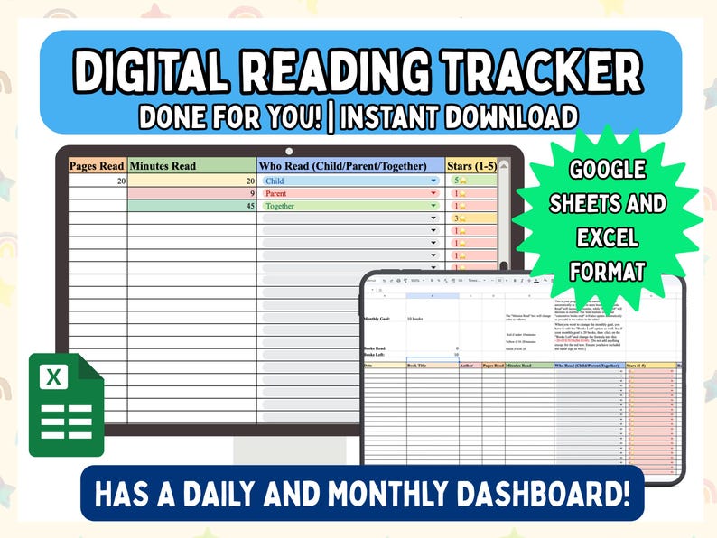 Editable Reading Tracker, Google Spreadsheets, Reading Log, Digital