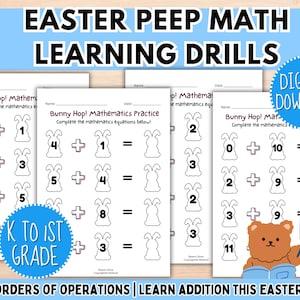 May include: Digital download of Easter-themed maths worksheets for K to 1st grade. The worksheets feature bunny graphics and addition problems. The title reads "Easter Peep Math Learning Drills". The worksheets are designed to help children learn addition.