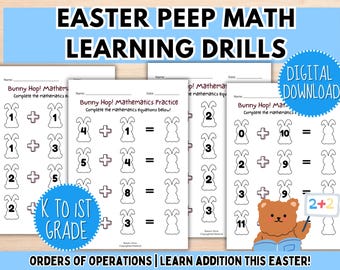 Easter Bunny 1-10 Addition Worksheets, First Grade Counting, Learn to Add, Math Facts Activity, Beginning Maths Drills, Kindergarten 1- 12