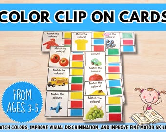 Color Clip On Cards Recognition Montessori Matching Game Busy Binder Fine Motor Game Hand Control Skills Classroom Center Pincer Grasp