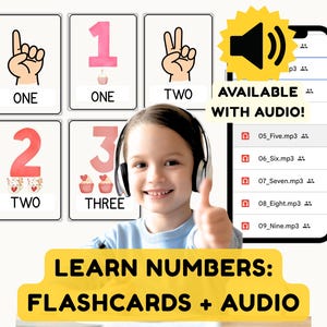 以下が含まれることがあります： 数字の1から3までの教育用フラッシュカード。手のジェスチャーとイラストが特徴です。「ONE」、「TWO」、「THREE」の文字が表示されています。画像には「LEARN NUMBERS: FLASHCARDS + AUDIO」の文字も含まれています。