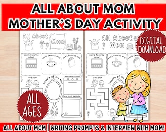 All About Mom, Mother's Day Printable, I Love You Because, Writing and Interview Activity, Drawing Prompt Coloring Pages (Digital Download)