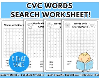 CVC Wortsuche Arbeitsblätter, Phonics Übung für Kindergarten, Homeschool Vorschule druckbare PDF-Pack, kurze Vokalwort digitaler Download